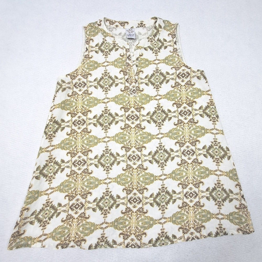 Match Point Mini Dress Womens Medium Cream Green Linen Medallion Sleeveless USA
